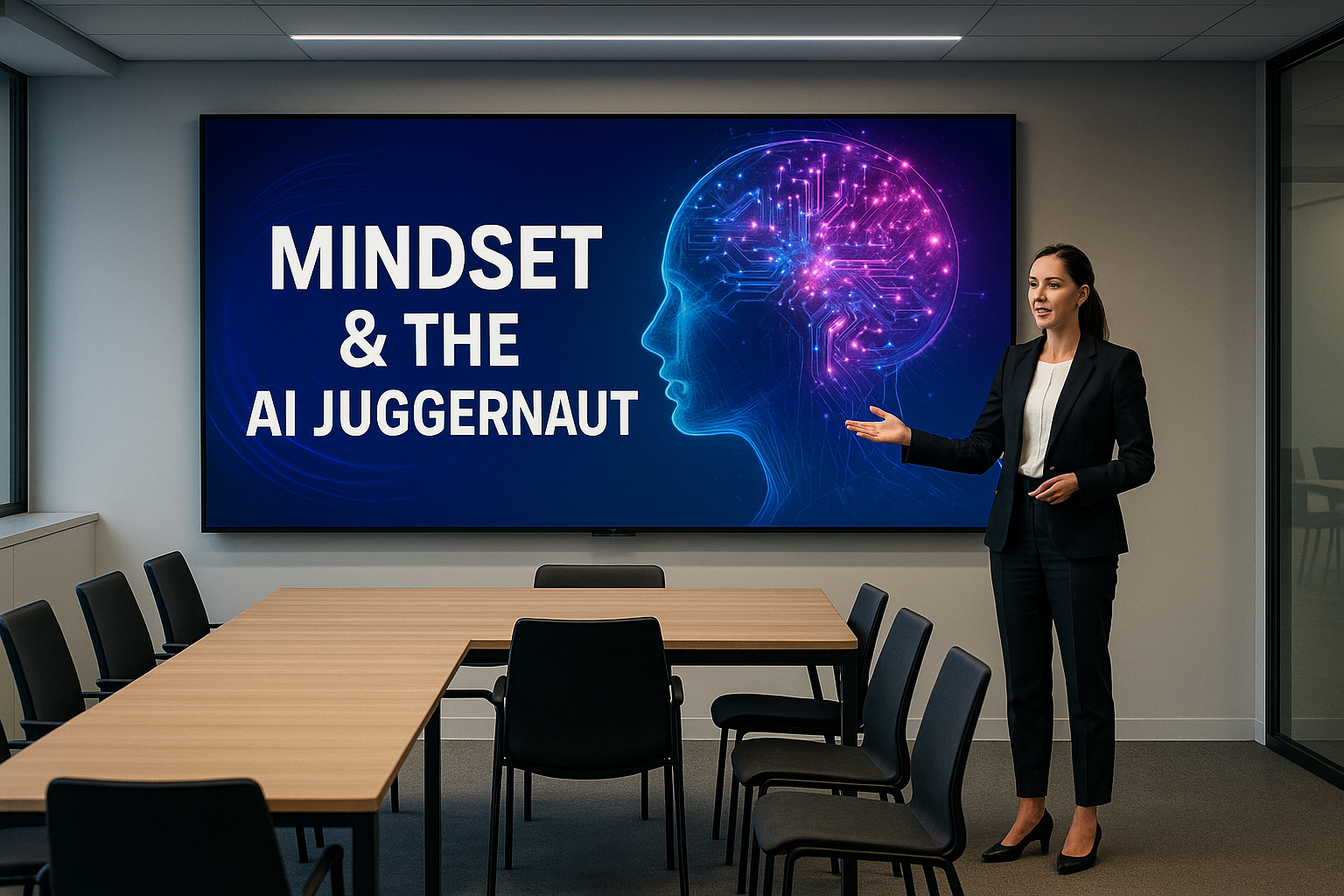 Visualize a modern conference room filled with sleek minimalist furniture A confident woman stands in front of a large video screen mounted on the wall which displays vibrant graphics and bold text reading Mindset  the AI Juggernaut She is dressed in
