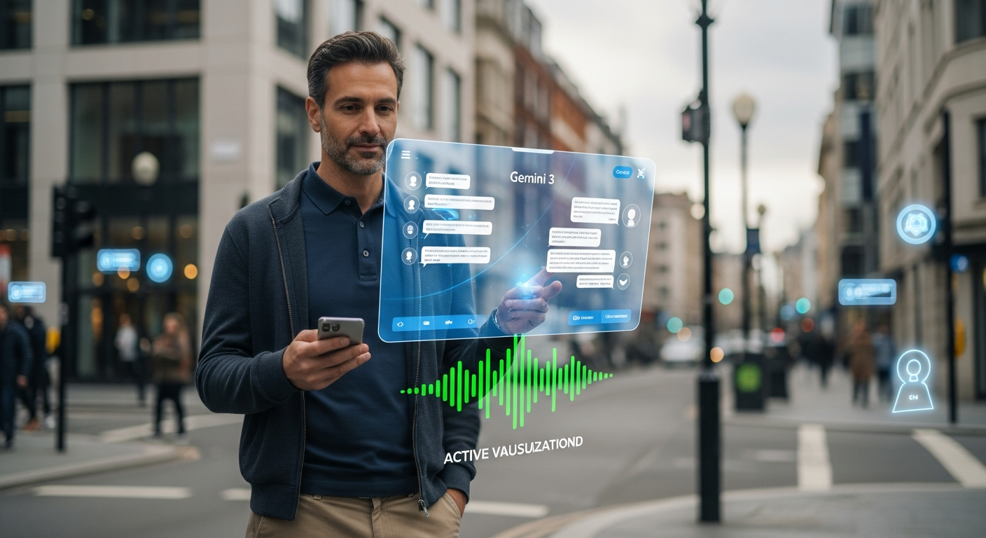 User accessing Gemini 3 through holographic voice interface on the street