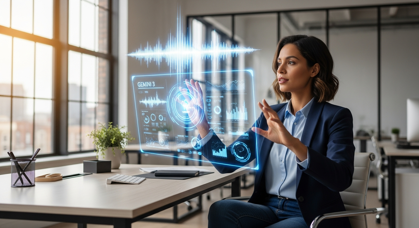 Professional using Gemini 3 with holographic interface in office