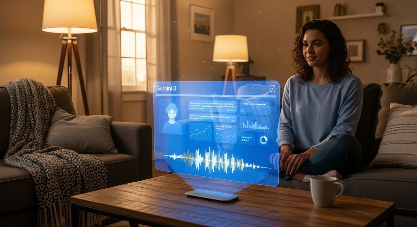 User interacting with Gemini 3 holographic interface at home