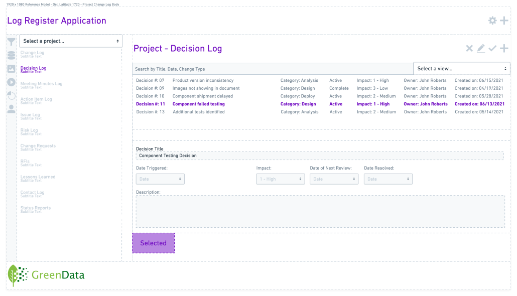 GreenData Power App for tracking project decisions